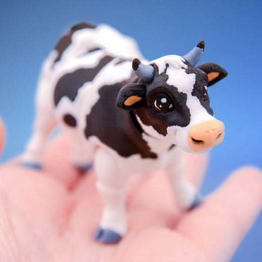 Close-up of the cow fidget toy's face, showing its horns and pink nose