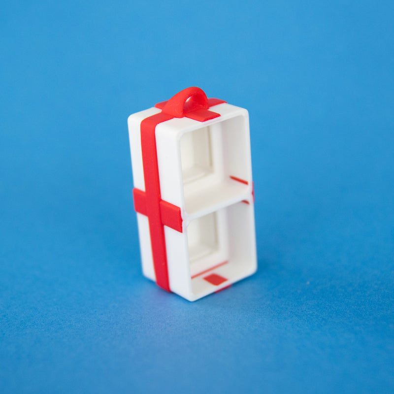 White two-slot gift box base standing upright, angled view