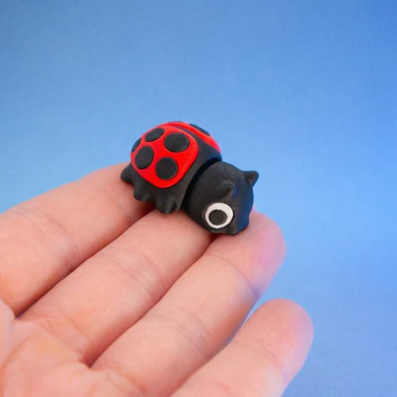Black and red spotted ladybug fidget toy resting in a hand