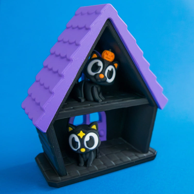 Haunted cat house bundle three cats angled view.
