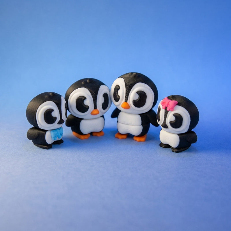 Four penguin figurines arranged together, including Mabel, Walter, Ned and Dottie, on a blue background.