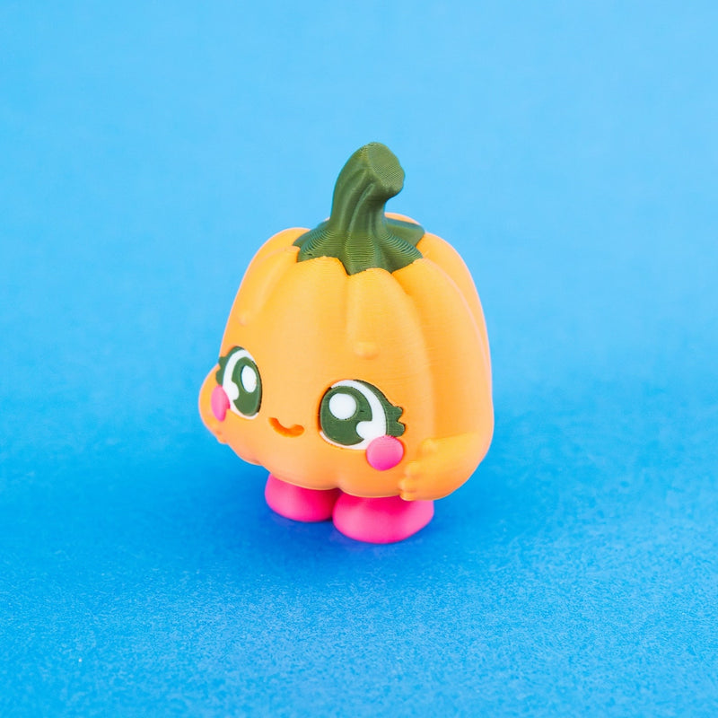 Posie from a front three-quarter angle with her face and rounded pumpkin shape visible.