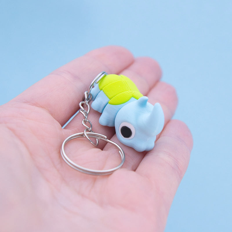Spike the Horned Beetle keyring – 3D printed articulated bug, blue with yellow stripes