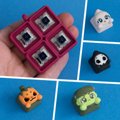 Wispy, Grimsy, Lanty and Boltsy keycaps alongside the plum four-slot clicker base.