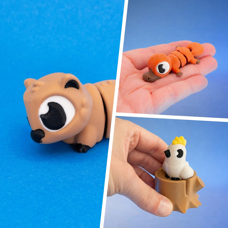 The Creek Bank Mob Aussie Trio bundle: Doug the Wombat, Bibble the Platypus and Cokatu the Birb with stump, 3D-printed figurines