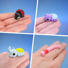 The Garden Gang Bug Bundle: Clover the Ladybug, Pebble the Pill Bug, Spike the Horned Beetle and Wally the Earthworm, 3D-printed fidget figurines