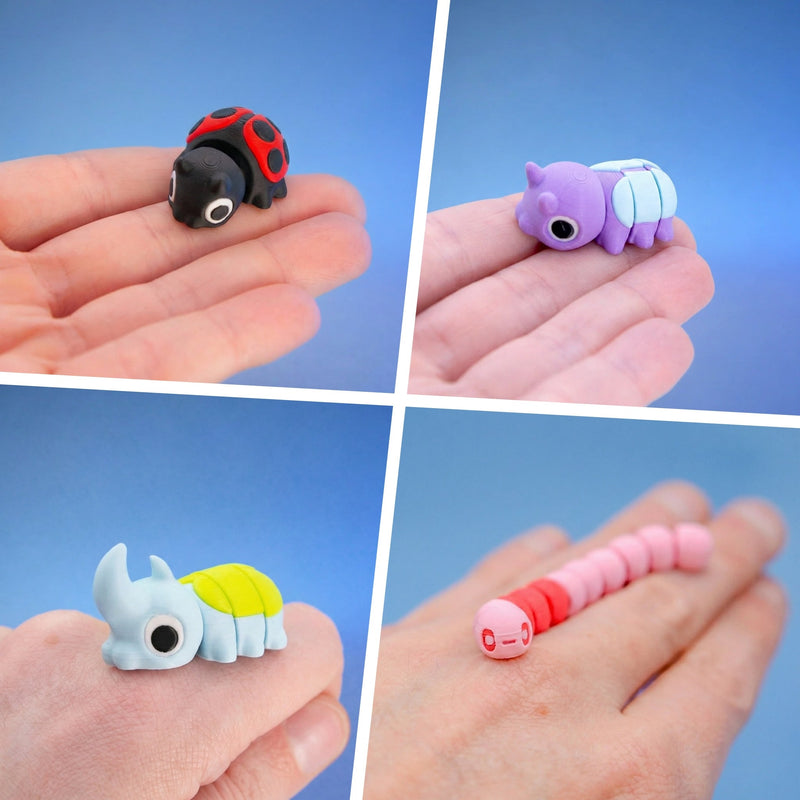 The Garden Gang Bug Bundle: Clover the Ladybug, Pebble the Pill Bug, Spike the Horned Beetle and Wally the Earthworm, 3D-printed fidget figurines