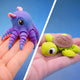 Purple octopus fidget toy and green sea turtle fidget toy shown together in a two-panel collage